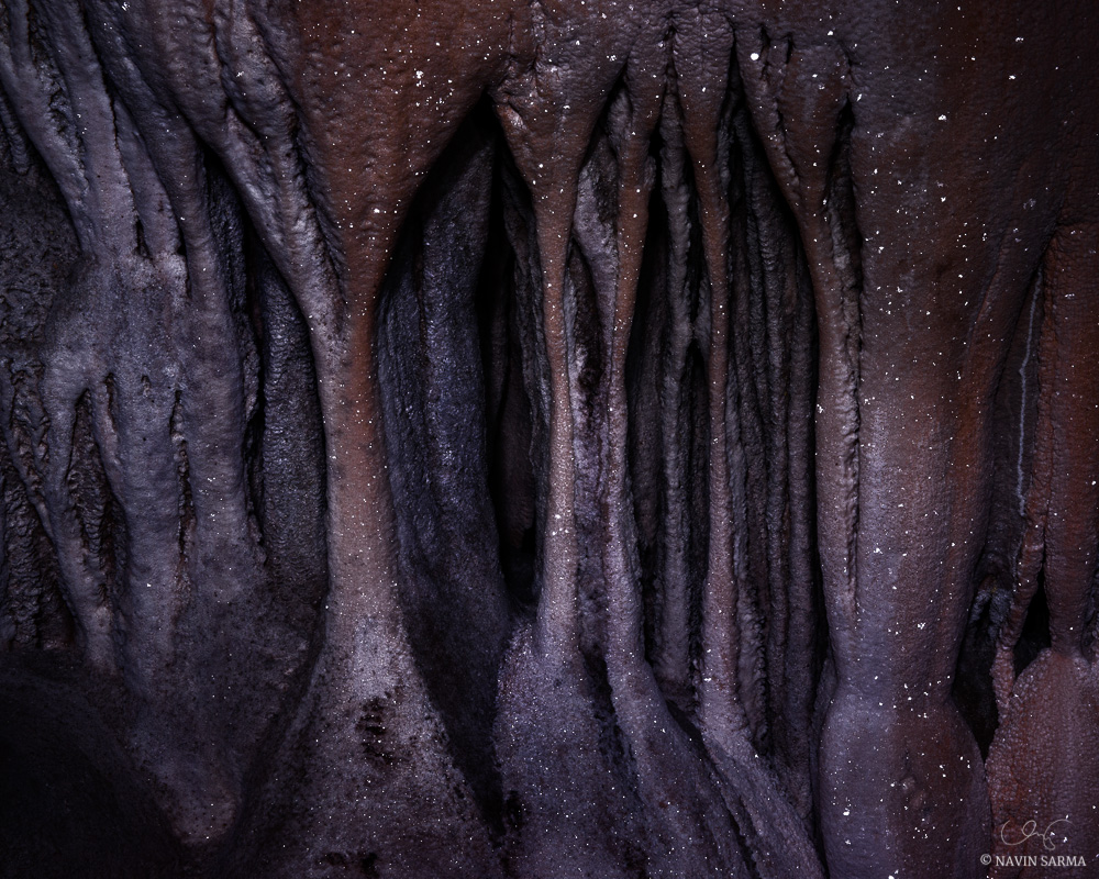 Stalagtite and stalagmites form organic shapes topped by the twinkle of calcite